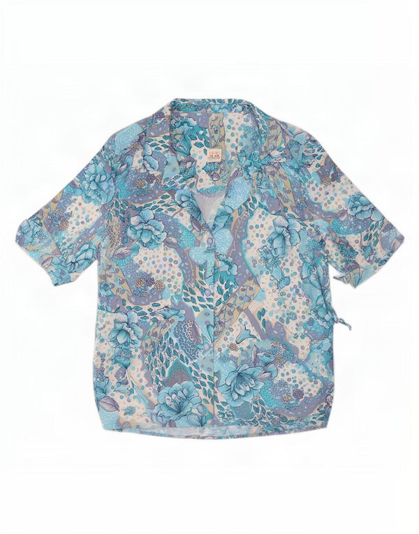 Bluză cămașă cu mânecă scurtă pentru femei vintage UK 16, mare, albastru, floral, poliester