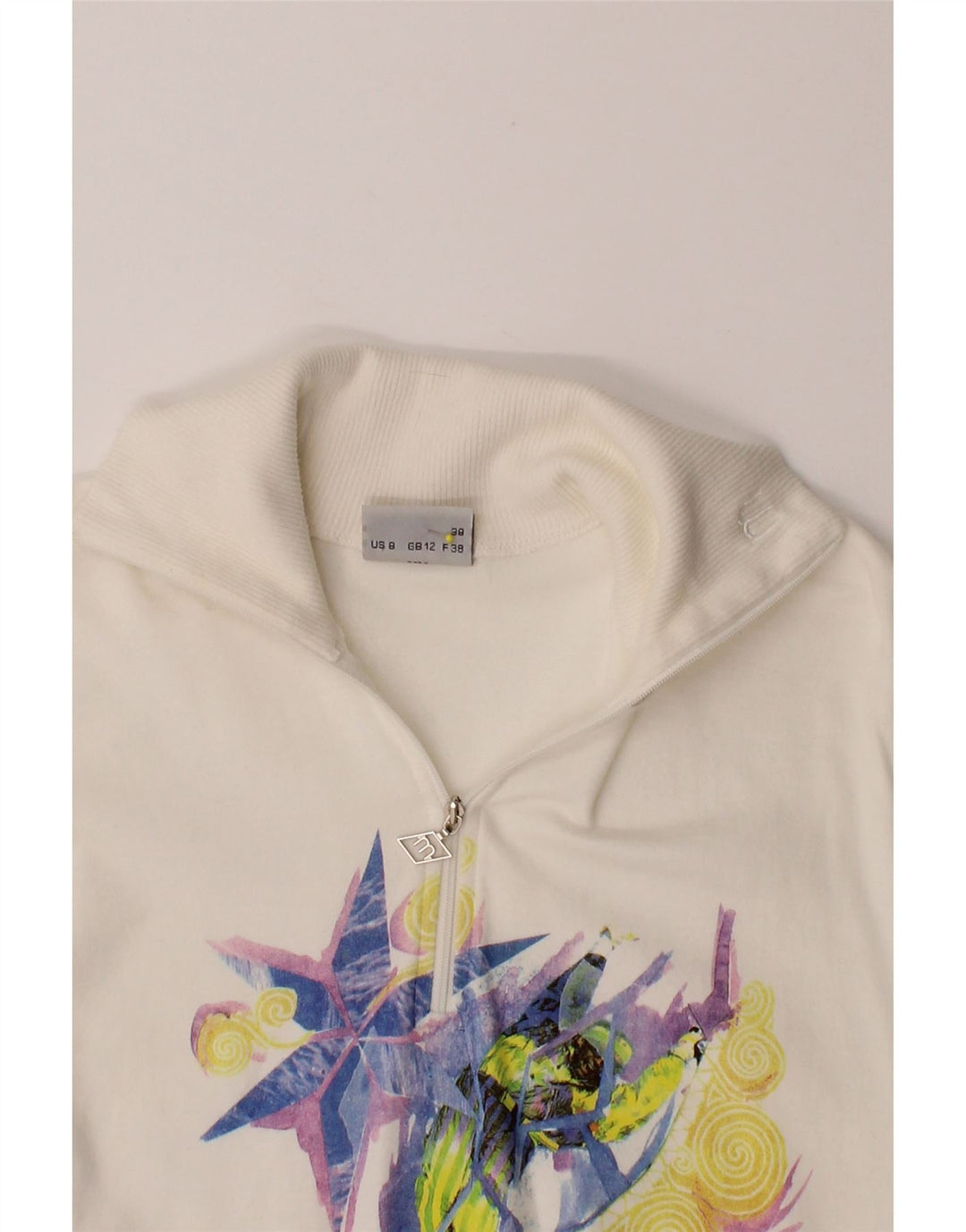 MASER M Womens Graphic Sweatshirt Jumper UK 12 Medium White Cotton Vintage Maser M and Second-Hand Maser M from Messina Hembry 