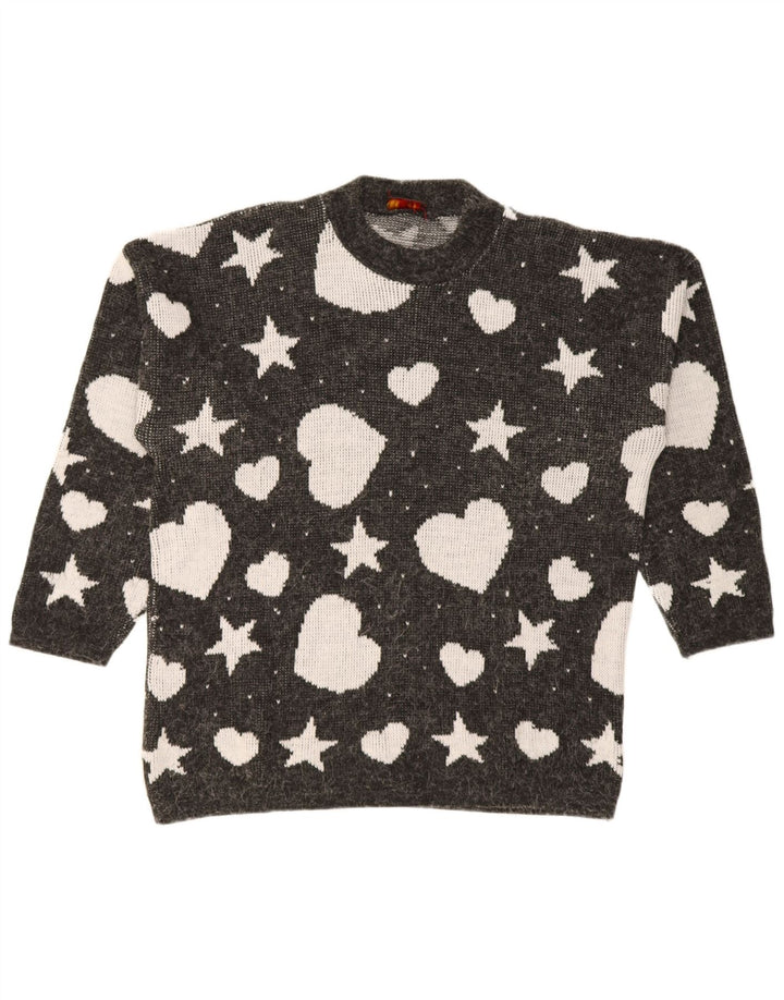 Pulover vintage pentru femei cu model abstract, cu gâtul turn, pulover UK 14 mare negru