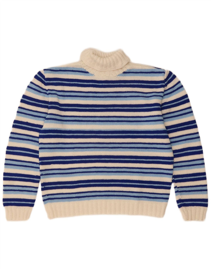 Pulover vintage pentru femei cu gât rulat, cu dungi albastre medii, UK 14