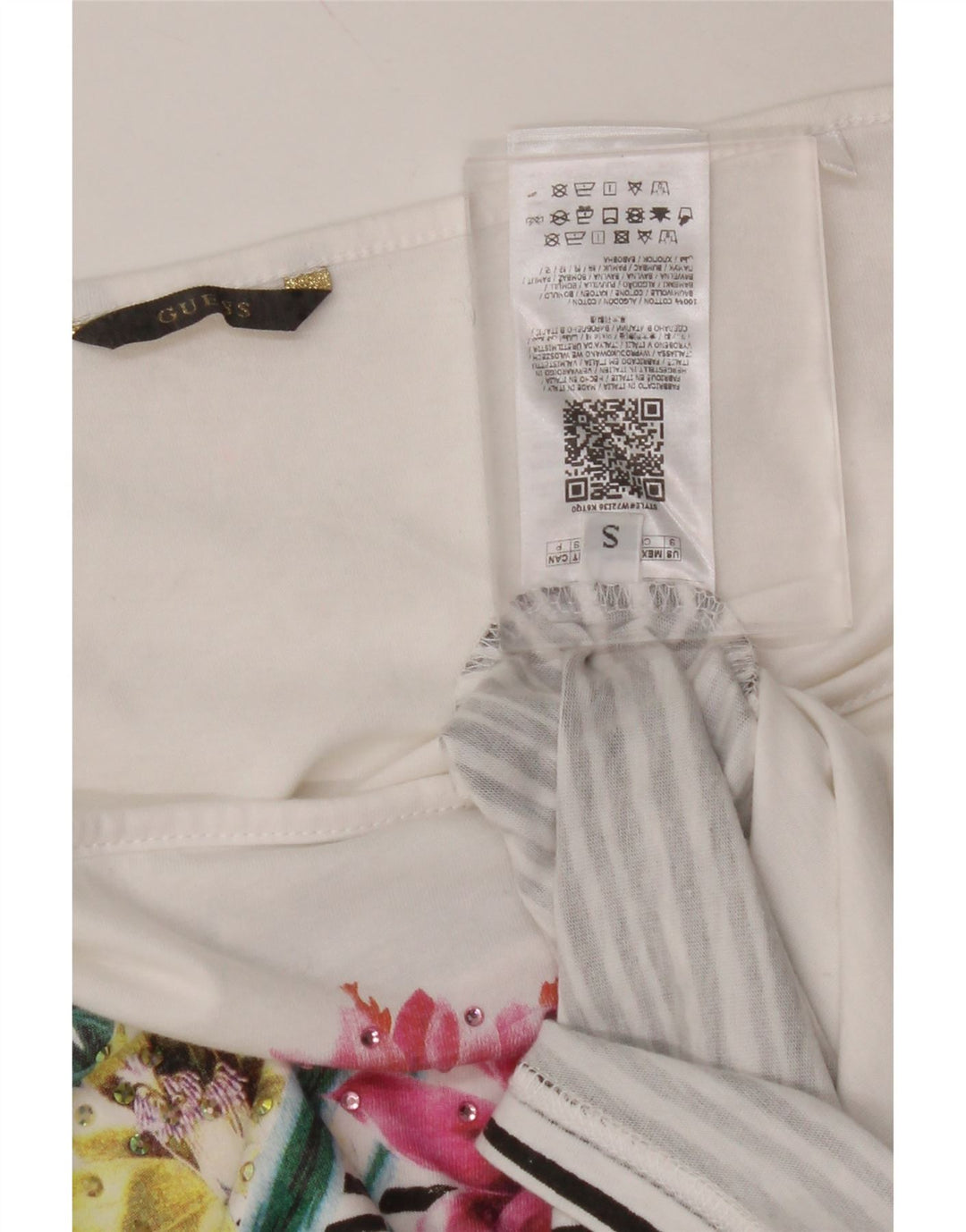 Tricou GUESS pentru femei cu umăr decupat Top UK 10 Bumbac Floral Alb Mic