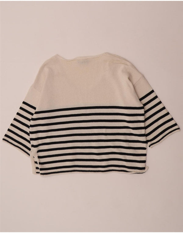 Zara Womens 3/4 Sleeve V-Neck Jumper Sweater UK 6 XS Off White Striped