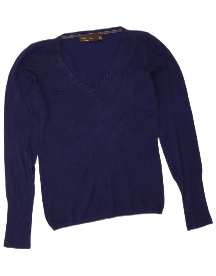 Pulover cu decolteu în V Zara pentru femei UK 12 Medium Bleumarin Rayon