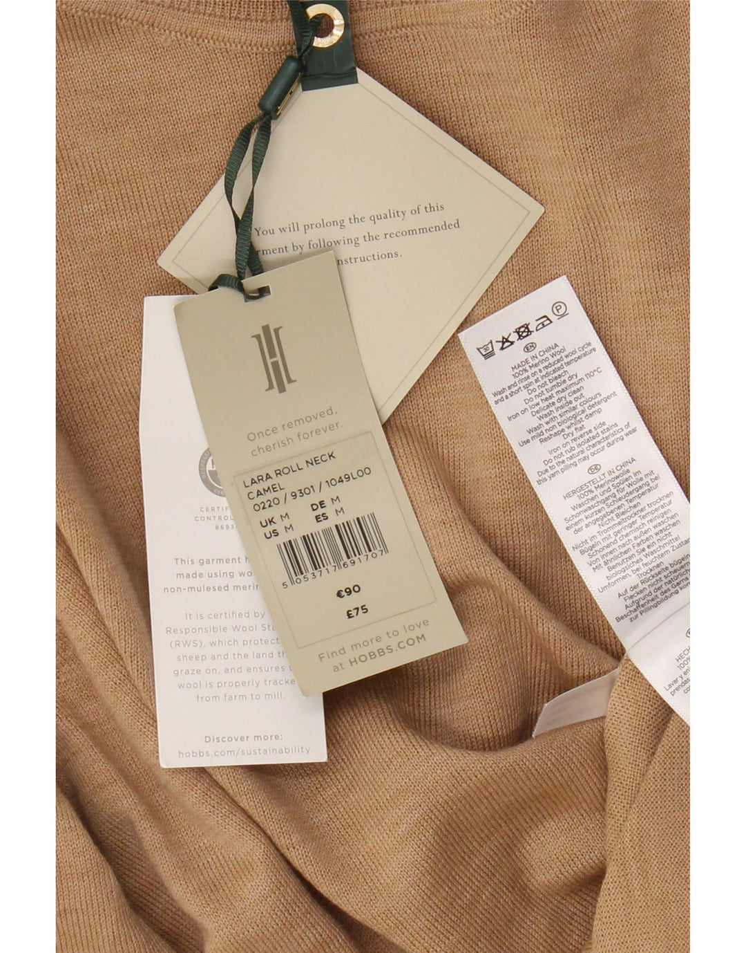 Pulover Hobbs pentru femei cu gât rulat din lână merinos maro mediu UK 14