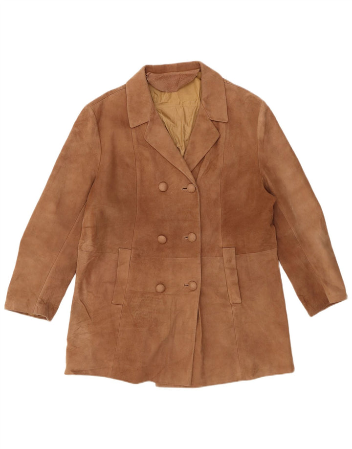 VINTAGE Palton pentru femei din piele intoarsa dublu piept EU 50 3XL piele maro