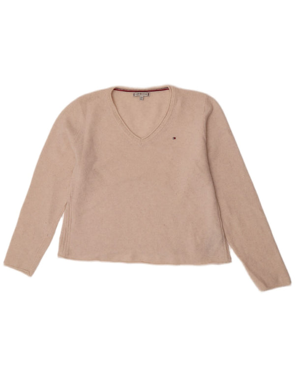 Pulover cu decolteu în V Tommy Hilfiger pentru femei, UK 18 XL, lână alb catifelat