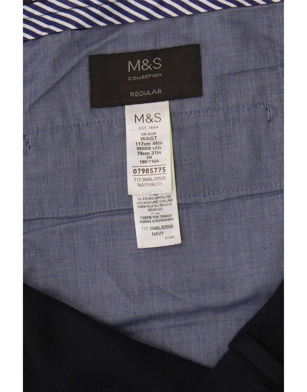 Pantaloni de costum pentru bărbați Marks & Spencer, cu ajustare normală, L46 L31, poliester bleumarin