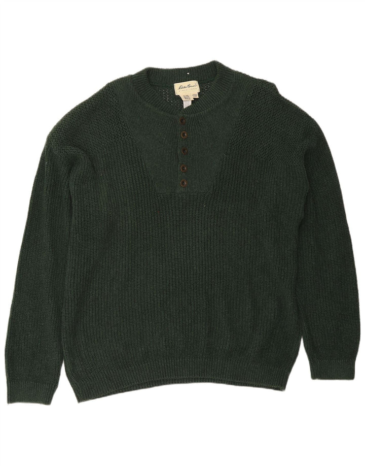 Eddie Bauer Pulover pentru bărbați cu gât cu nasturi, bumbac verde mare