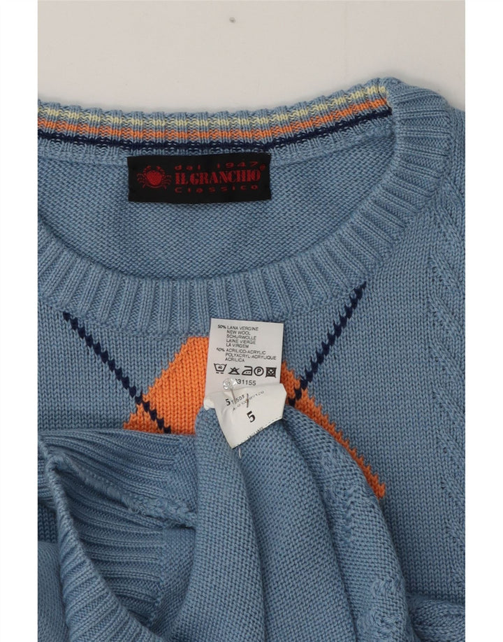 Pulover pentru bărbați Il Granchio cu decolteu rotund, albastru mediu, lână Argyle/Diamond
