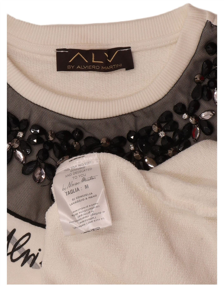 ALVIERO MARTINI Pulover cu grafic pentru femei UK 14 Bumbac alb mediu
