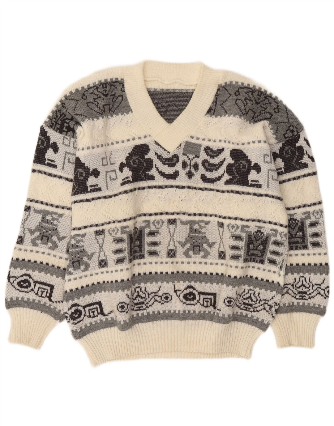 Pulover vintage pentru bărbați cu decolteu în V, mare, alb, geometric