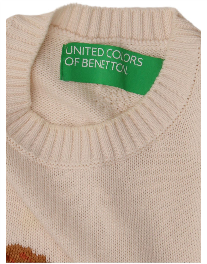 BENETTON Pulover cu decolteu rotund cu grafic pentru femei UK 14 Medium White