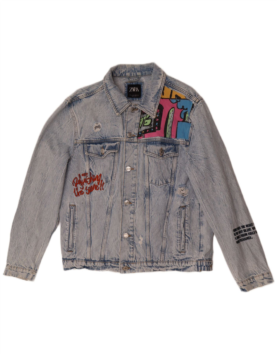 Jachetă din denim cu grafică pentru bărbați Zara UK 42 XL Albastru