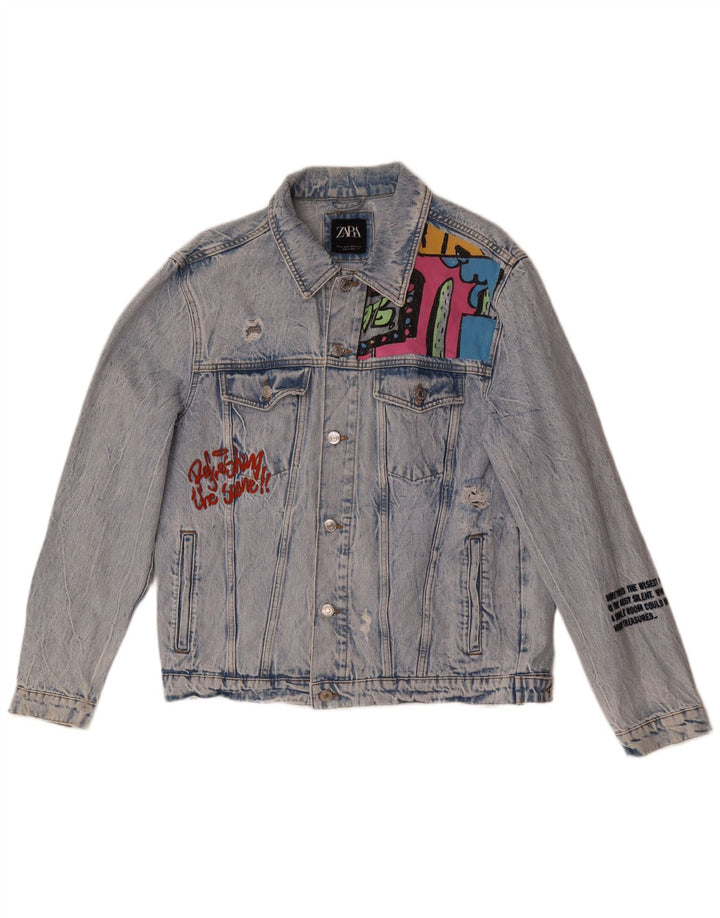 Jachetă din denim cu grafică pentru bărbați Zara UK 42 XL Albastru