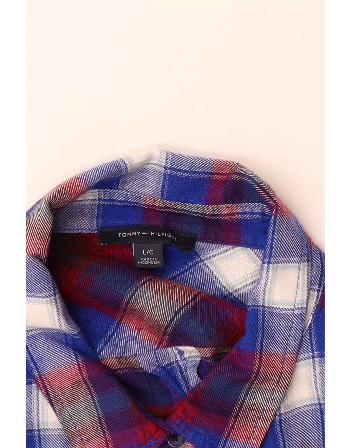 TOMMY HILFIGER Womens Pullover Flannel Shirt UK 16 Large Blue Plaid Rayon