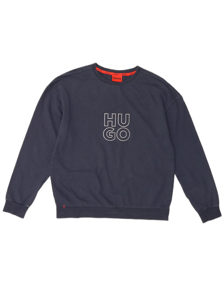 Hanorac grafic pentru bărbați Hugo Boss Pulover mediu din bumbac bleumarin