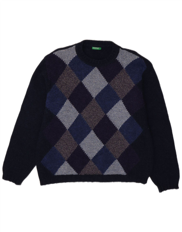 Pulover Benetton pentru bărbați cu decolteu rotund, mare, albastru marin Argyle/Diamond