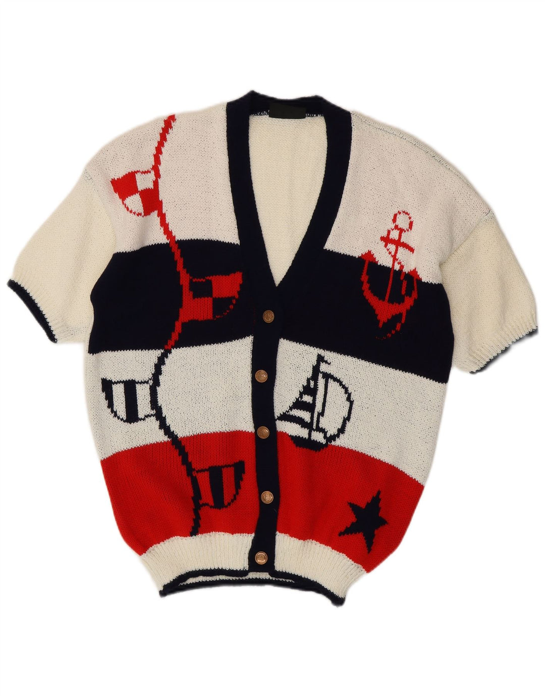 Pulover cardigan cu mânecă scurtă pentru femei VINTAGE UK 14, mare, alb, bloc de culoare