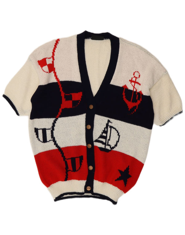 Pulover cardigan cu mânecă scurtă pentru femei VINTAGE UK 14, mare, alb, bloc de culoare