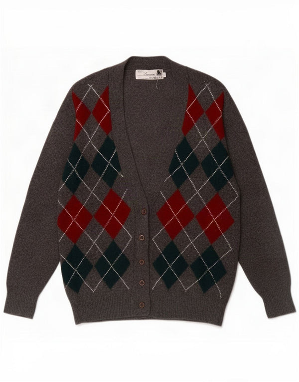 Vintage Pulover cardigan supradimensionat pentru femei UK 10 Small Gri Argyle/Diamond