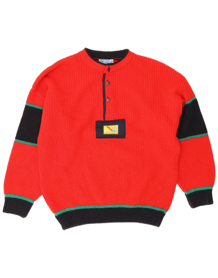 Pulover vintage pentru bărbați cu gât roșu IT 50, lână color bloc de culoare roșie medie