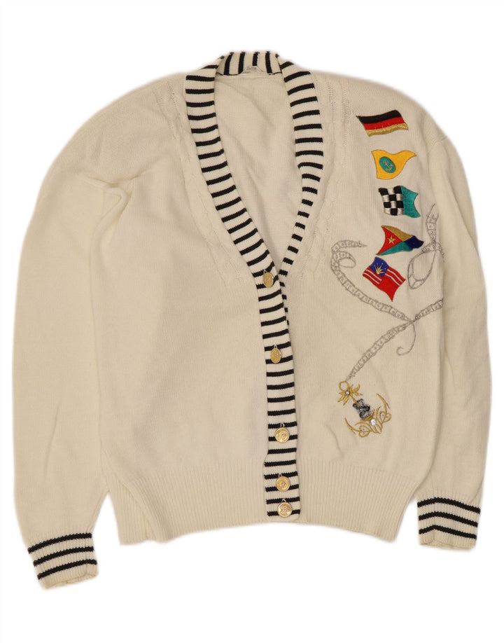 Pulover Vintage Cardigan Grafic pentru Damă EU 40/42 Bumbac Alb Mediu