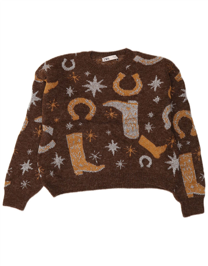 Pulover pentru damă Zara cu model abstract, cu gât de barcă, UK 10, maro mic