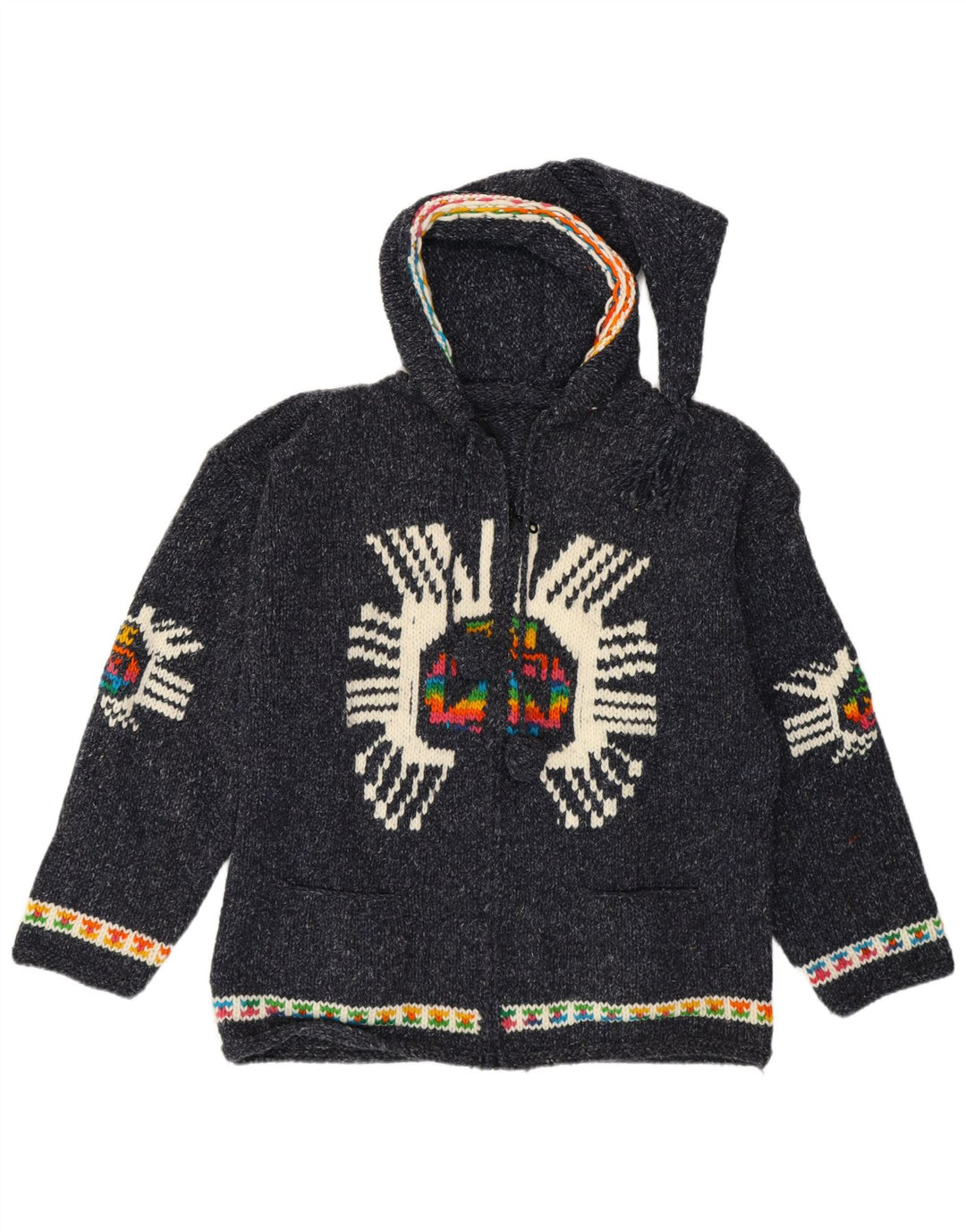 Pulover Cardigan Vintage pentru Damă Grafic UK 14 Medium Bleumarin Etnic