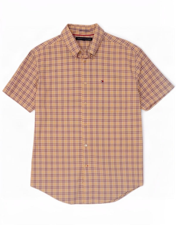 Cămașă pentru bărbați Tommy Hilfiger cu mânecă scurtă, mare, bej, cu carouri din bumbac