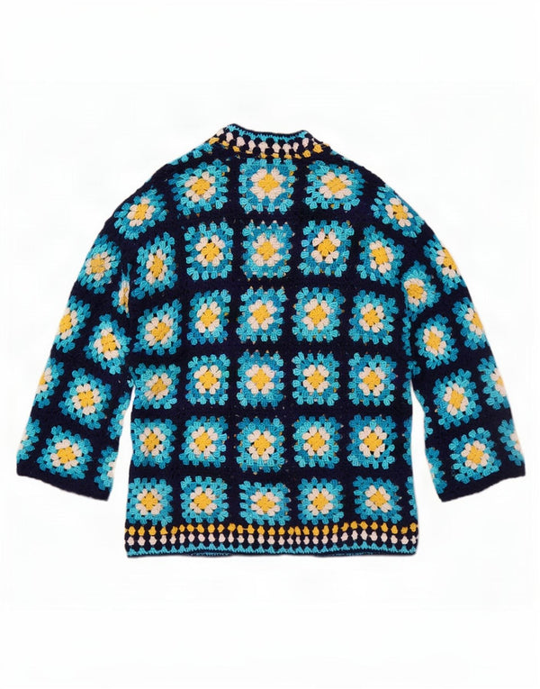 Pulover vintage cardigan croșetat pentru femei UK 14 mare albastru floral
