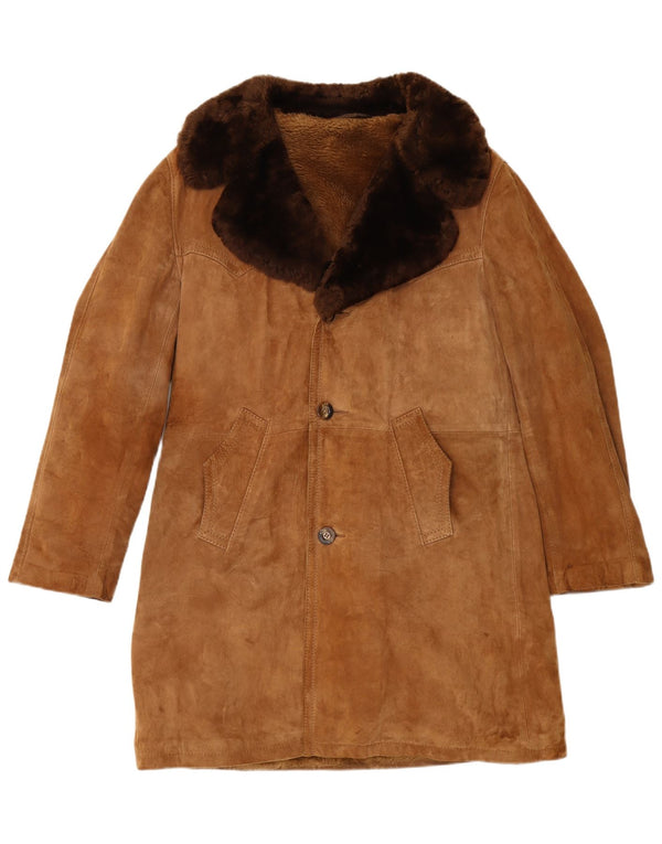 Pardesiu din shearling vintage pentru bărbați IT 48 din piele maro medie