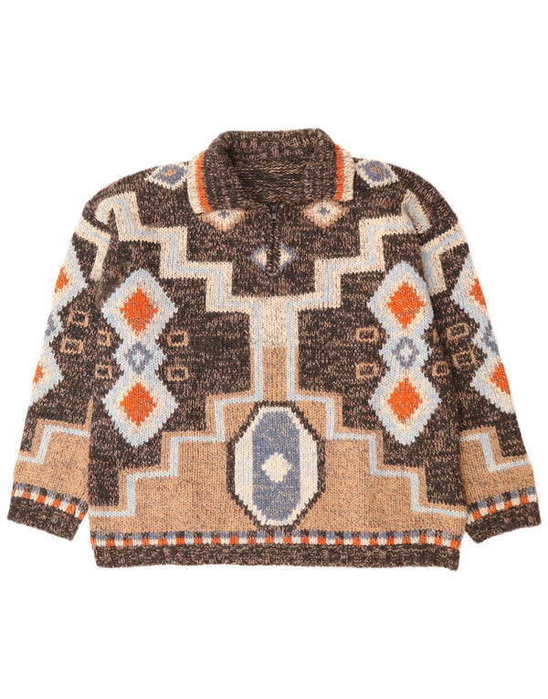 Pulover vintage cu gât polo pentru femei UK 18 XL Lână geometrică maro