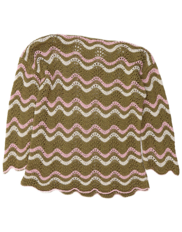 Pulover vintage pentru femei croșetat cu gâtul barca UK 14 Medium Khaki Chevron