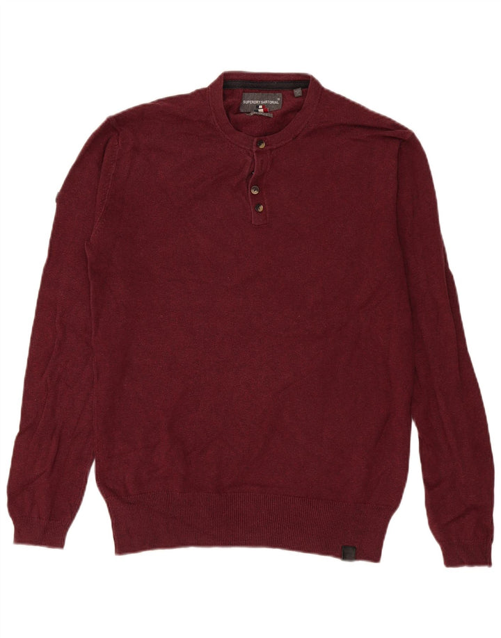 Pulover pentru bărbați Superdry cu gât cu nasturi, bumbac mic de culoare burgundă