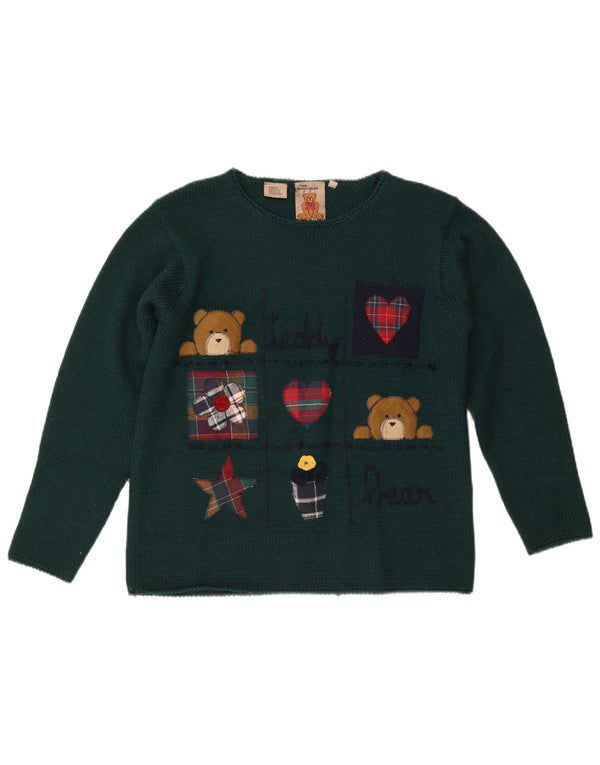 Pulover vintage pentru femei cu grafică cu gât de barcă, UK 12, verde mediu acrilic