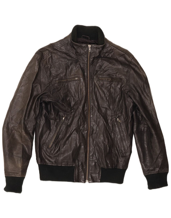 Jack & Jones Mens Leather Bomber Jacket UK 38 Medium Black