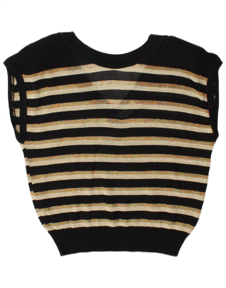 VINTAGE Womens Vest Tank Top UK 16 Large Black Striped Cotton