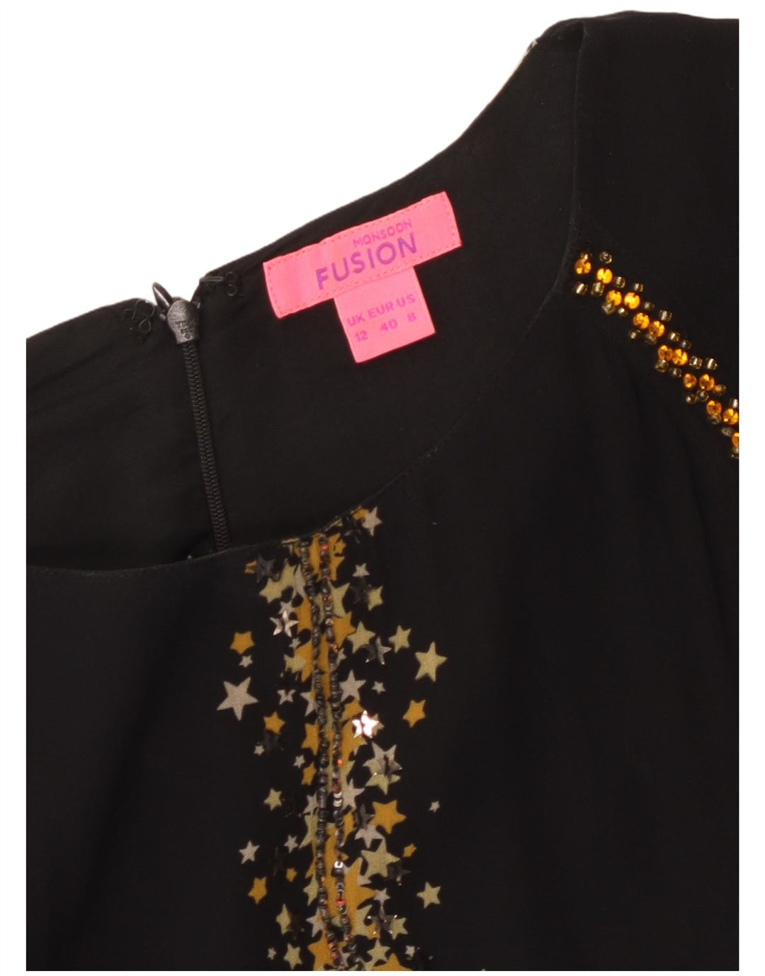 MONSOON Rochie A-Line cu mâneci 3/4 pentru femei, cu model abstract, UK 12 Medium Negru