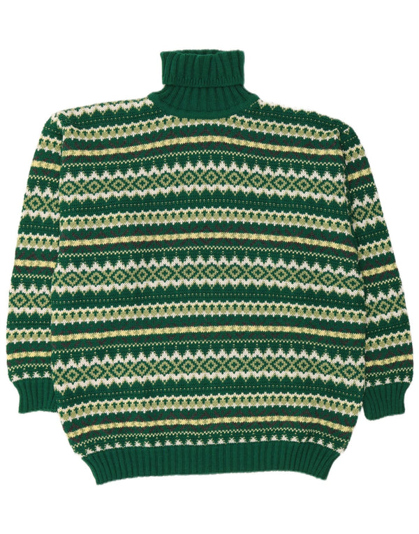 Pulover vintage pentru bărbați cu gât rulat, XL, lână Fair Isle, verde