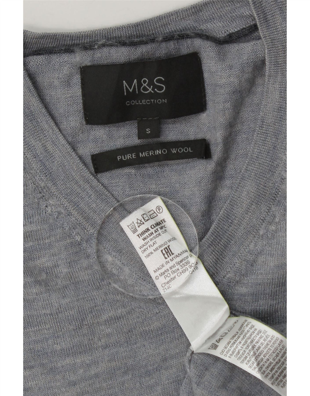 Pulover pentru bărbați Marks & Spencer, cu decolteu în V, din lână merinos albastru mic