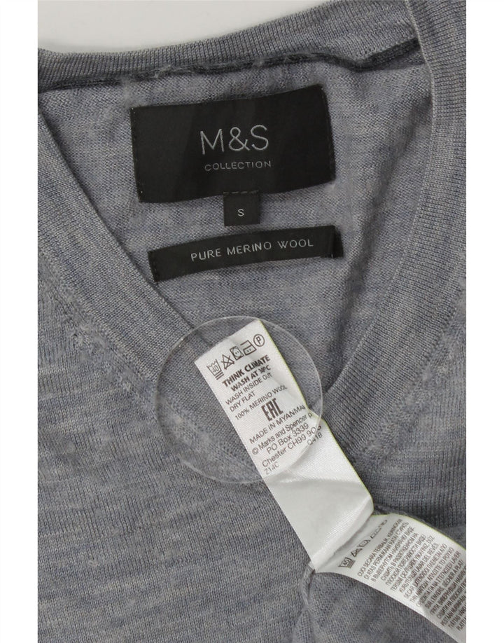 Pulover pentru bărbați Marks & Spencer, cu decolteu în V, din lână merinos albastru mic