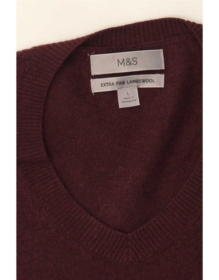 Pulover pentru bărbați Marks & Spencer cu decolteu în V, lână de miel mare, burgundă
