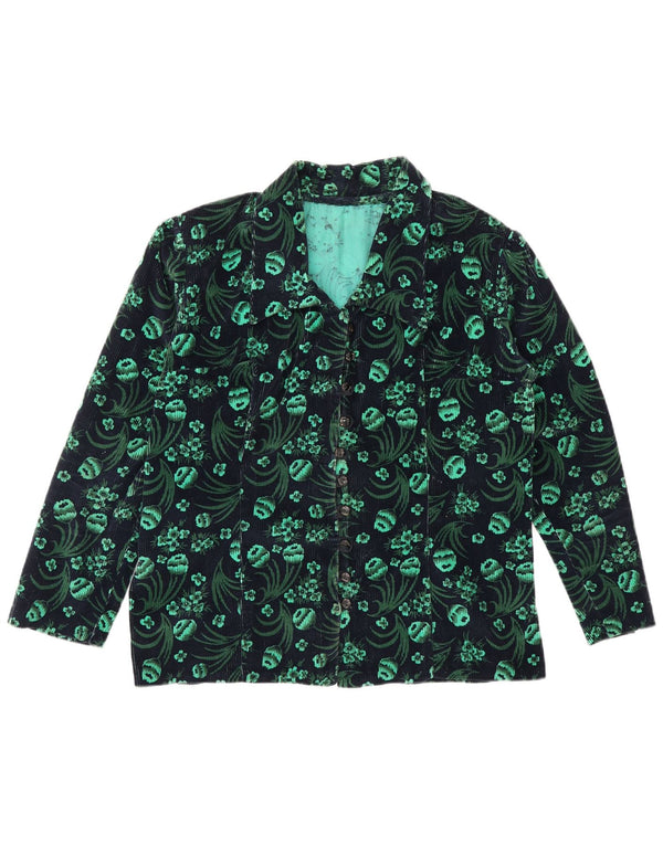 Bluză vintage pentru femei, cămașă din velur, UK 14, verde mediu, floral