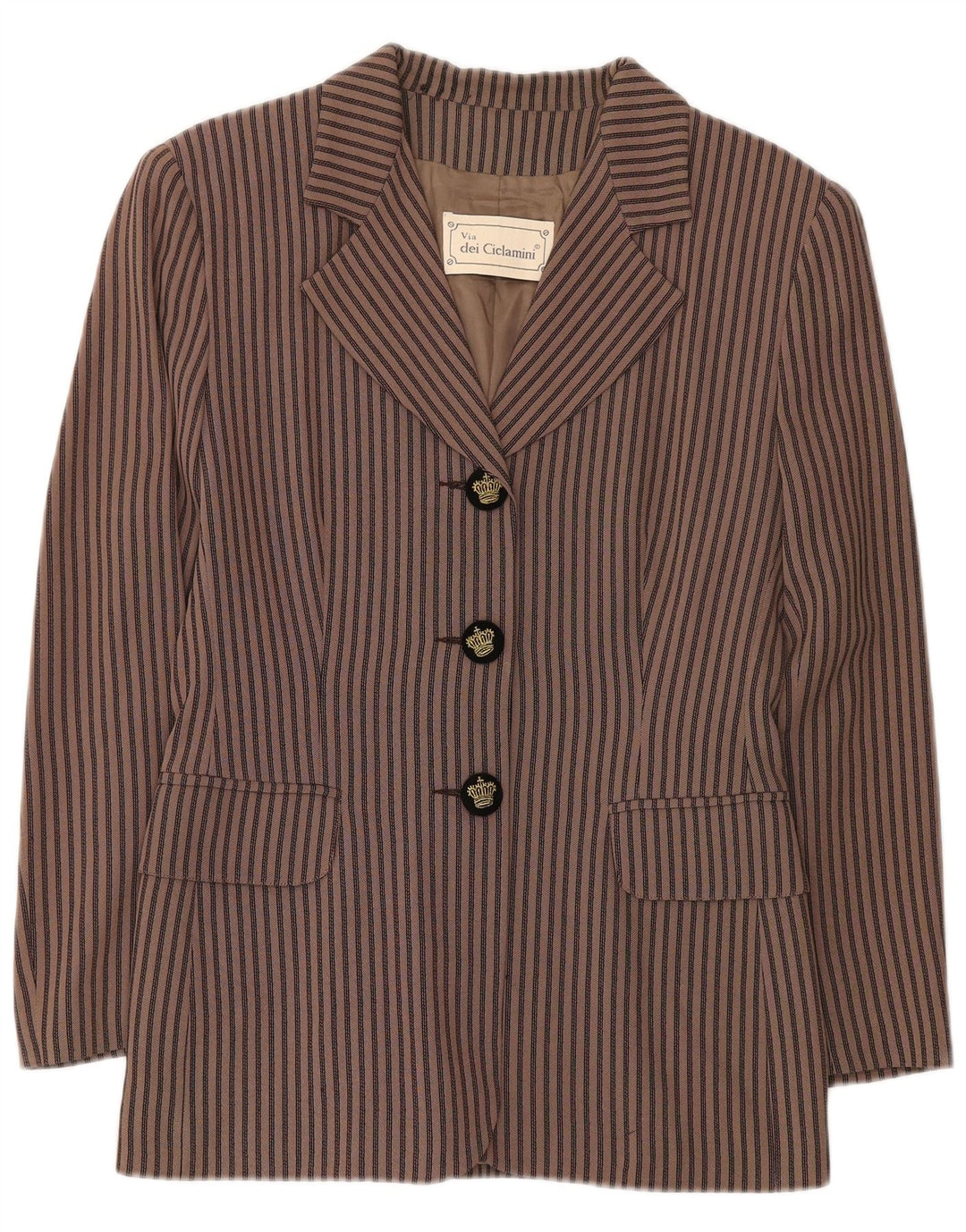 Via Dei Ciclamini Jachetă Blazer pentru Femei cu 3 Nasturi UK 10 Mic Maro cu dungi