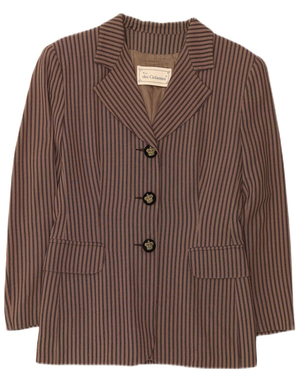 Via Dei Ciclamini Jachetă Blazer pentru Femei cu 3 Nasturi UK 10 Mic Maro cu dungi