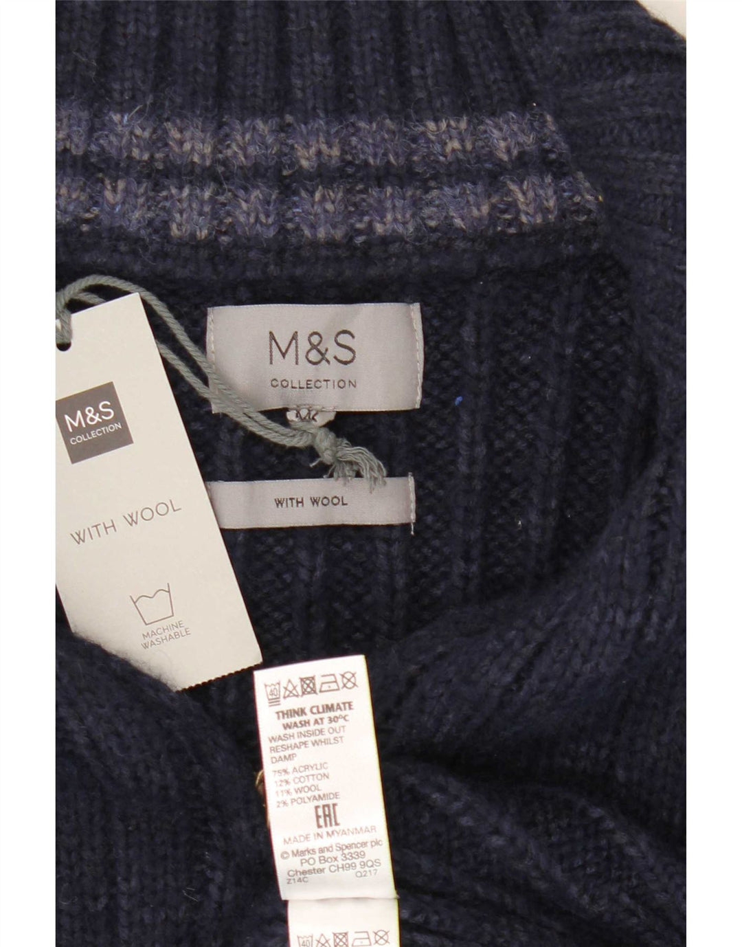 Pulover pentru bărbați Marks & Spencer, cu fermoar și gât, 2XL, acrilic, albastru bleumarin