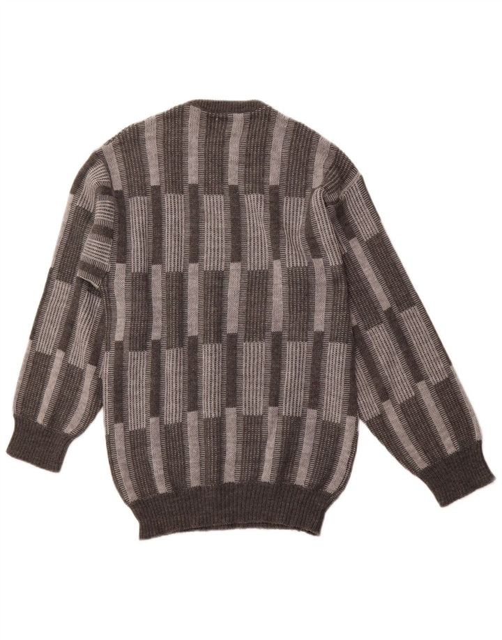 Pulover VINTAGE pentru bărbați cu gât roșu IT 52 mare, gri geometric, acrilic