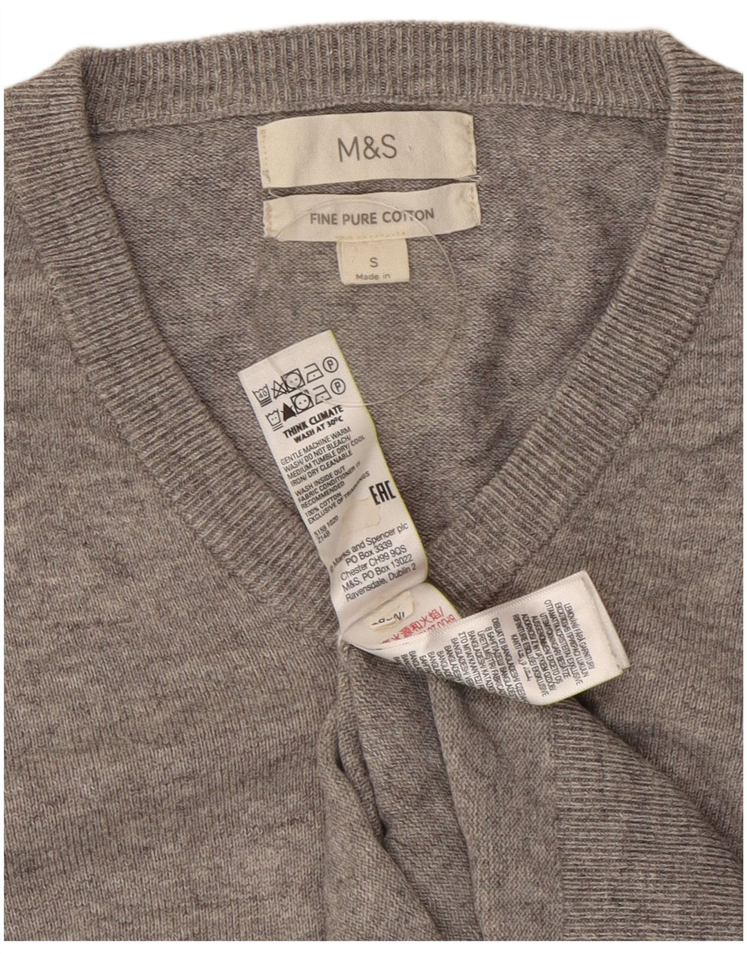 Pulover cu decolteu în V pentru bărbați Marks & Spencer, bumbac cu pete mici, gri