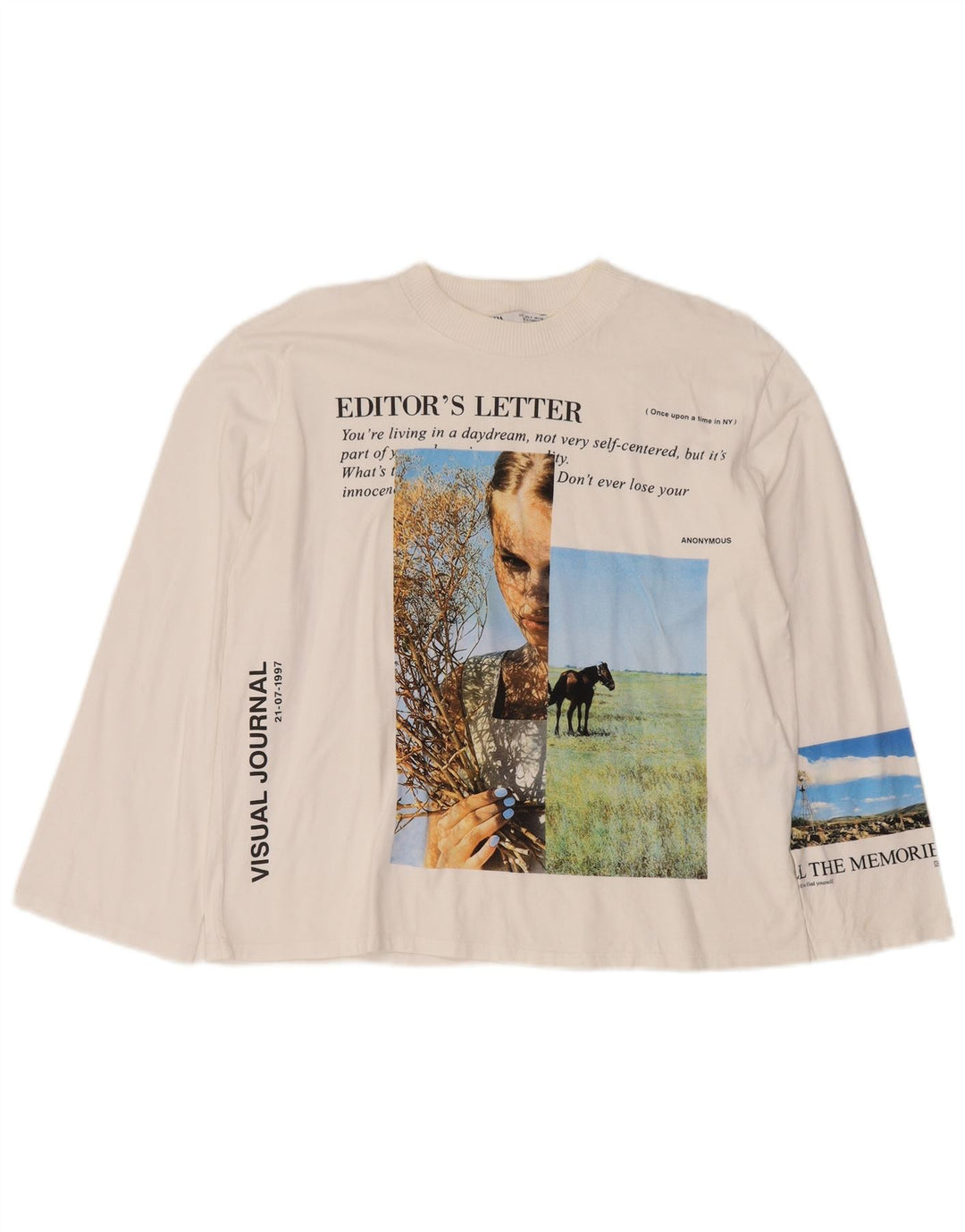 Top cu grafic supradimensionat pentru femei Zara cu mânecă lungă UK 10 Bumbac alb mic