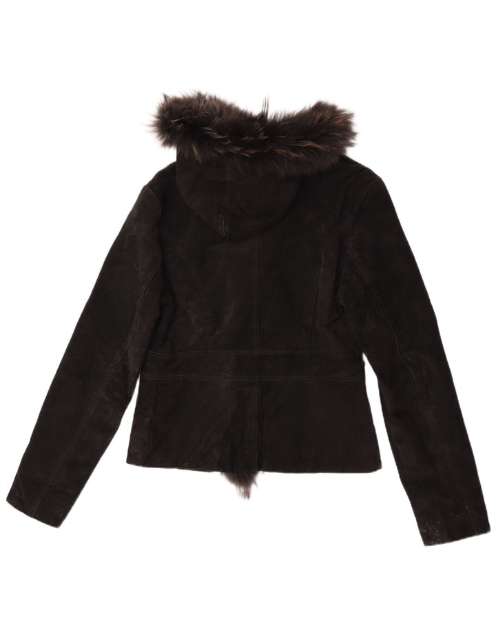 Jacheta de piele intoarsa cu gluga vintage pentru femei UK 14, mare, neagra